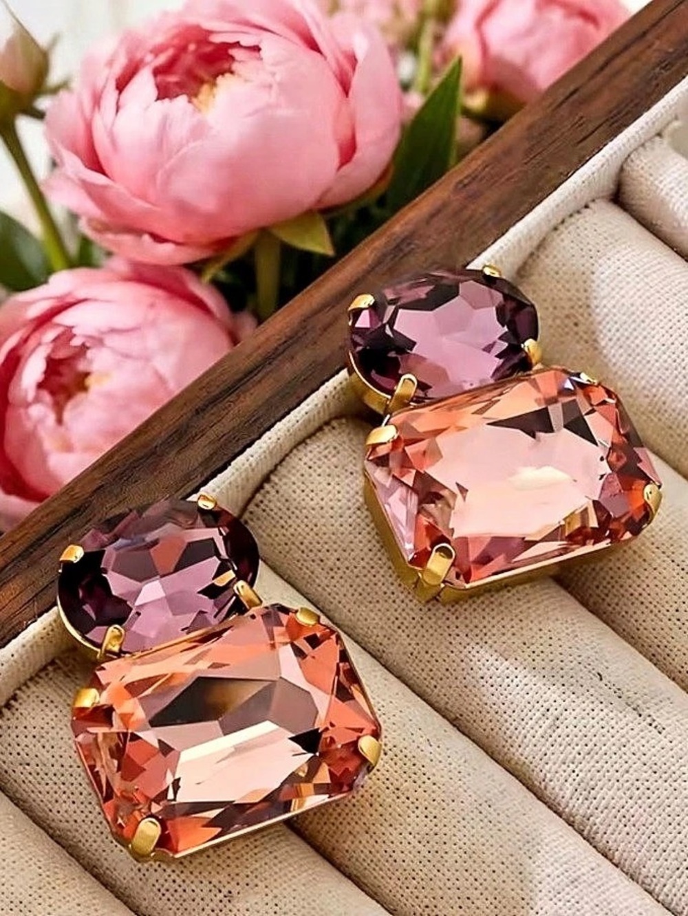Crystal Statement Drop Earrings in Pink & Purple